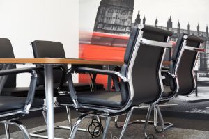 office breakout room with a wallpaper showcasing London