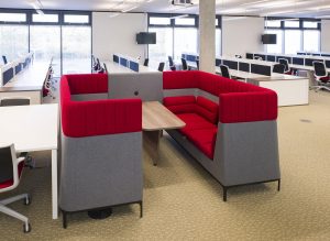 Red office seating pod in newly refurbished office